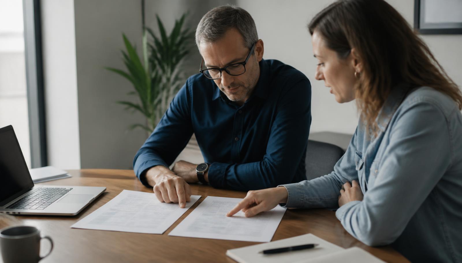 Duas pessoas em uma mesa de reunião comparando propostas de fornecedores impressas